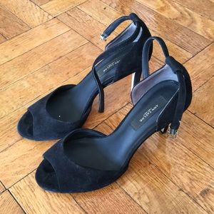 Ann Taylor ankle strap black suede heels 7/7.5